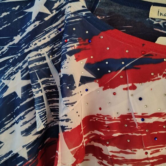 Womens Indigo Soul American Blouse Large Patriotic Rhinestones Stars and Stripes - Picture 3 of 6